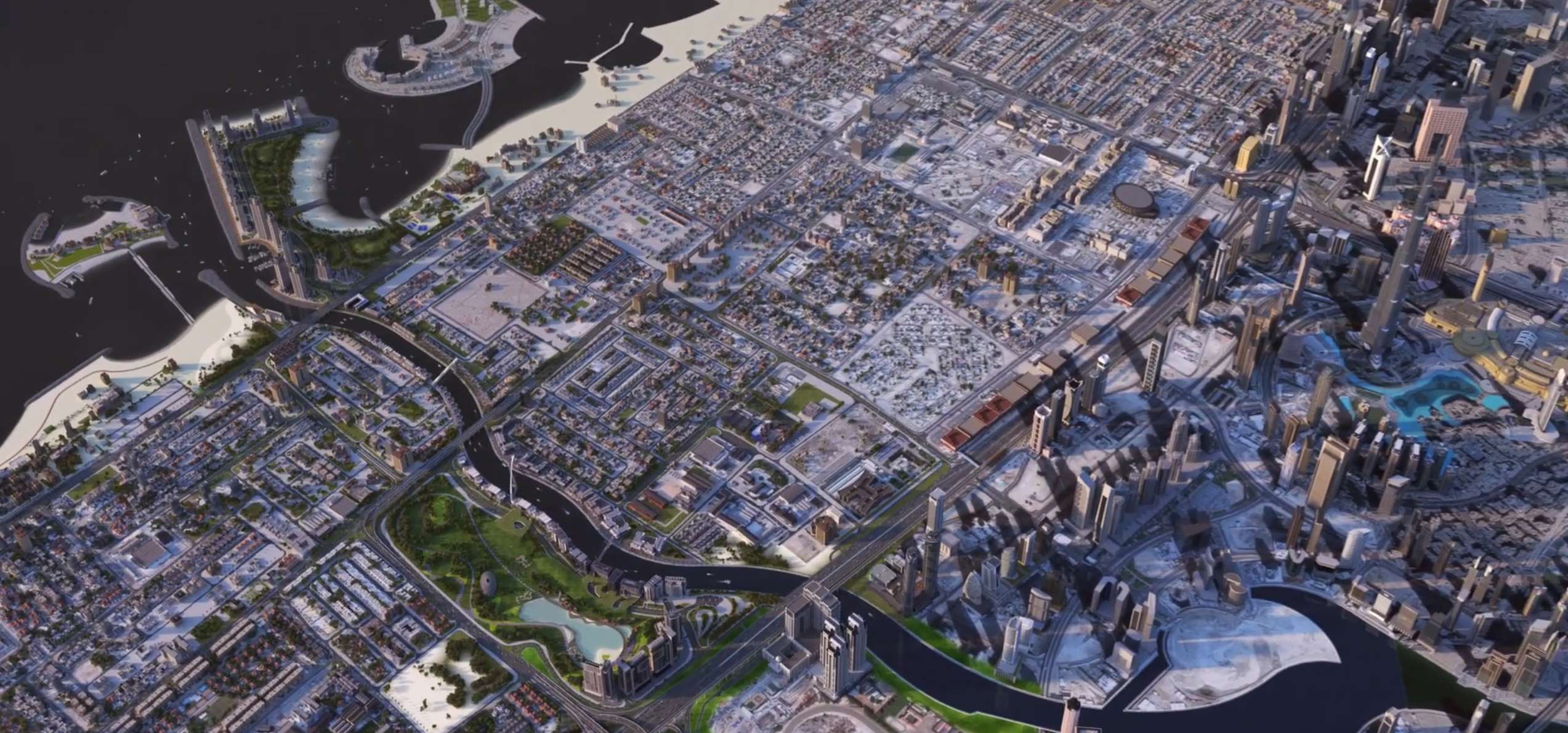 Aerial view of the canal, Safa Park and the Downtown skyline