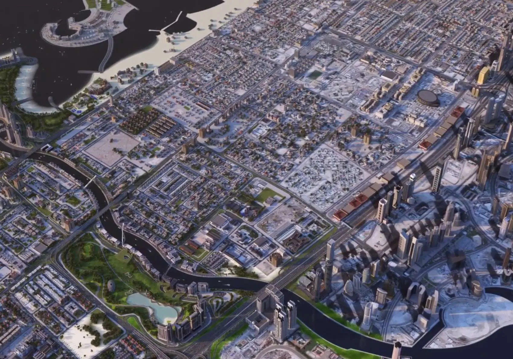 Aerial view of the canal, Safa Park and the Downtown skyline