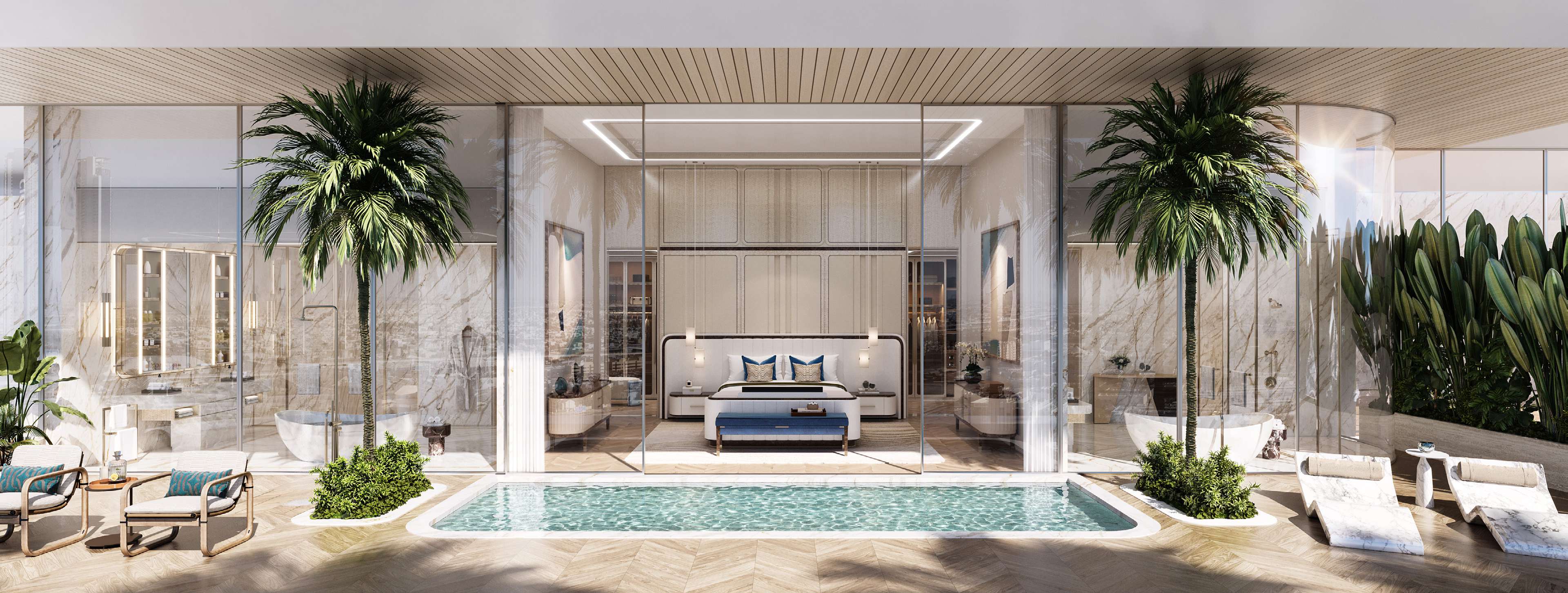 Bedroom suite with marble bathrooms opening onto a private plunge pool