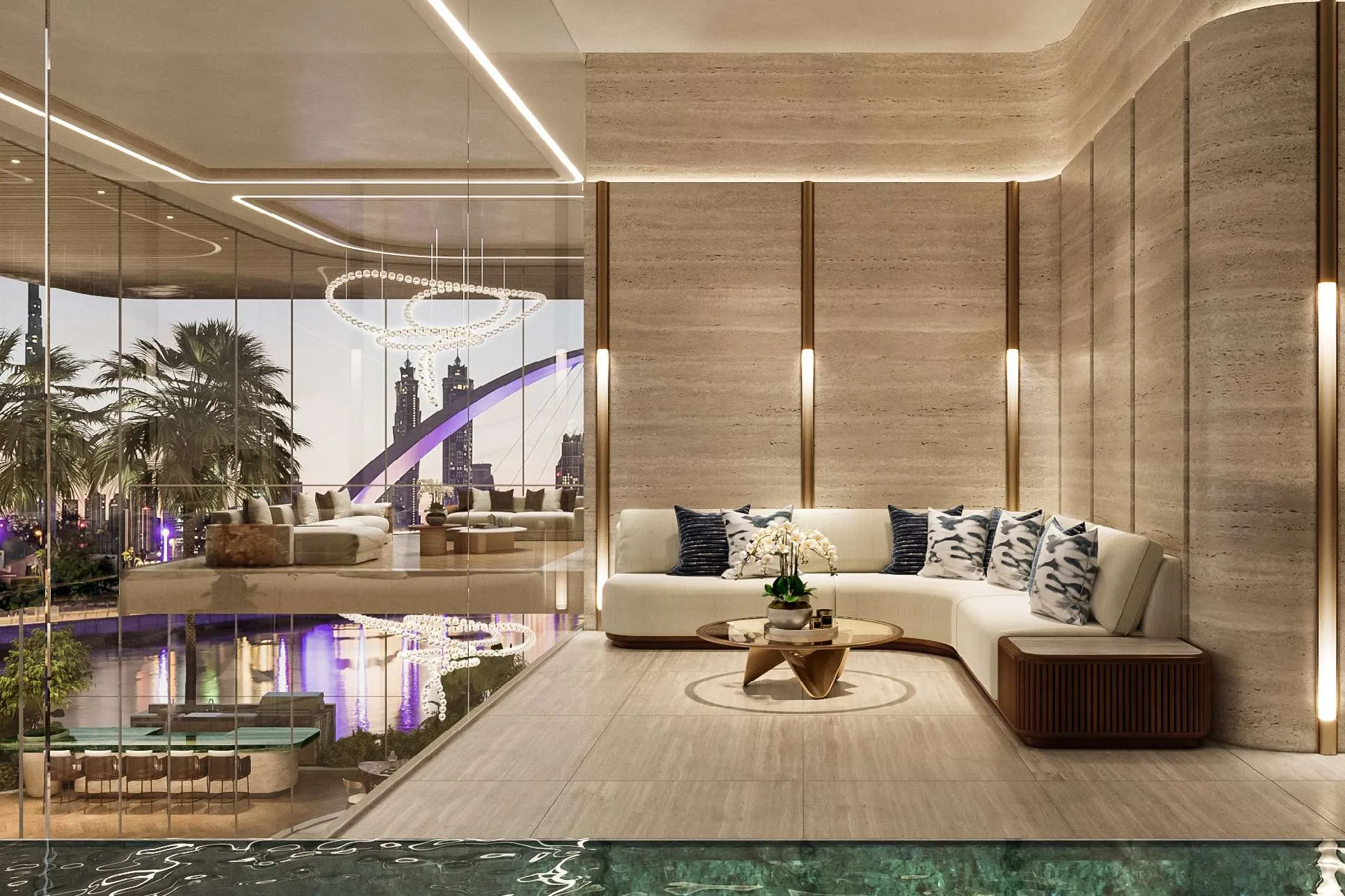 Penthouse lap pool and lounge in travertine, overlooking the lit canal bridge