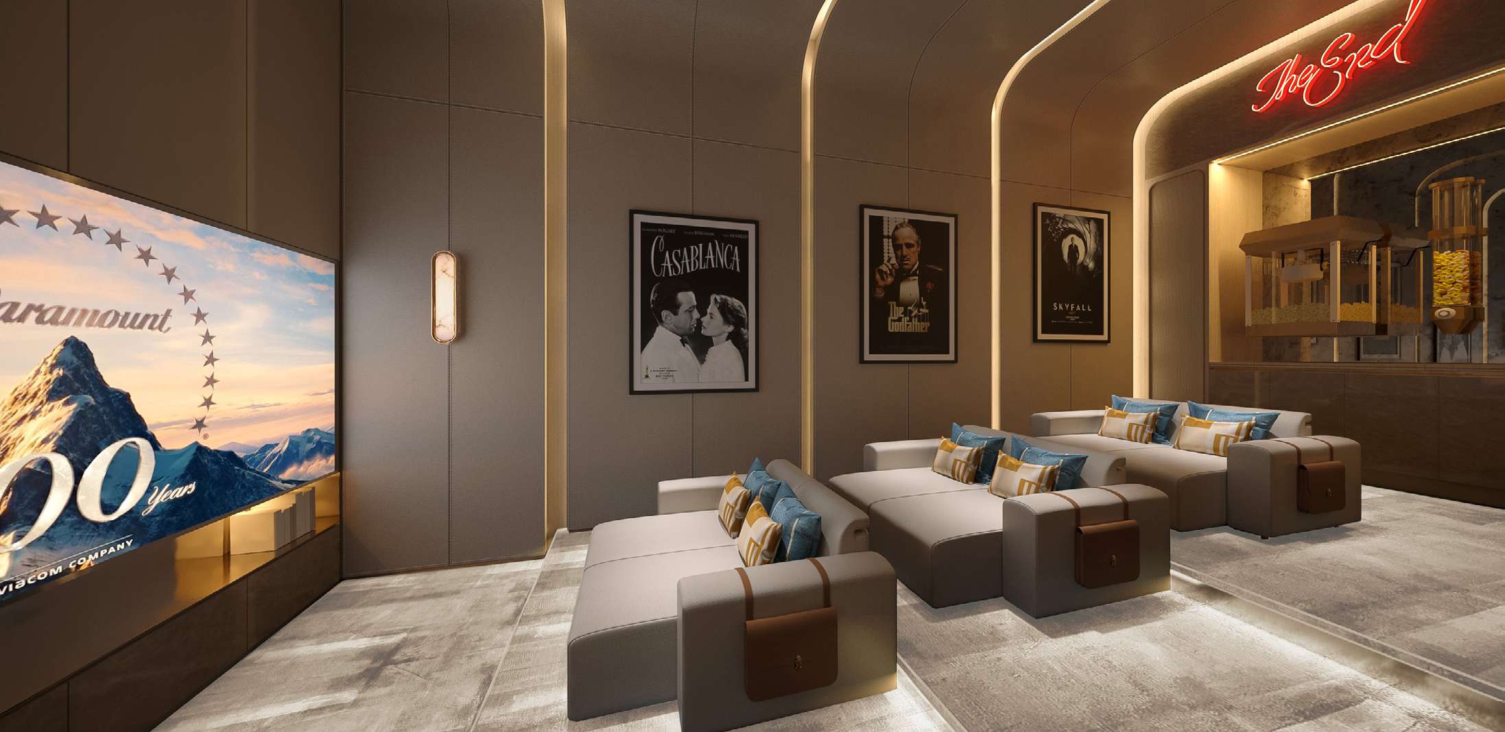 Private screening room with deep lounge seating and a large screen
