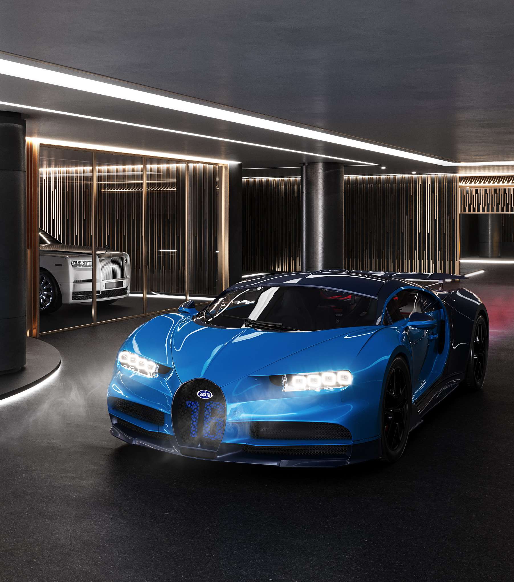 Low-lit private garage with sports cars behind glass panels