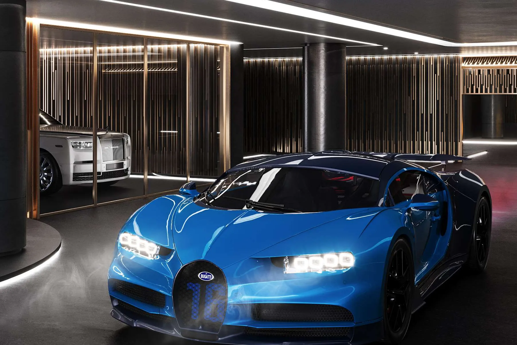 Low-lit private garage with sports cars behind glass panels