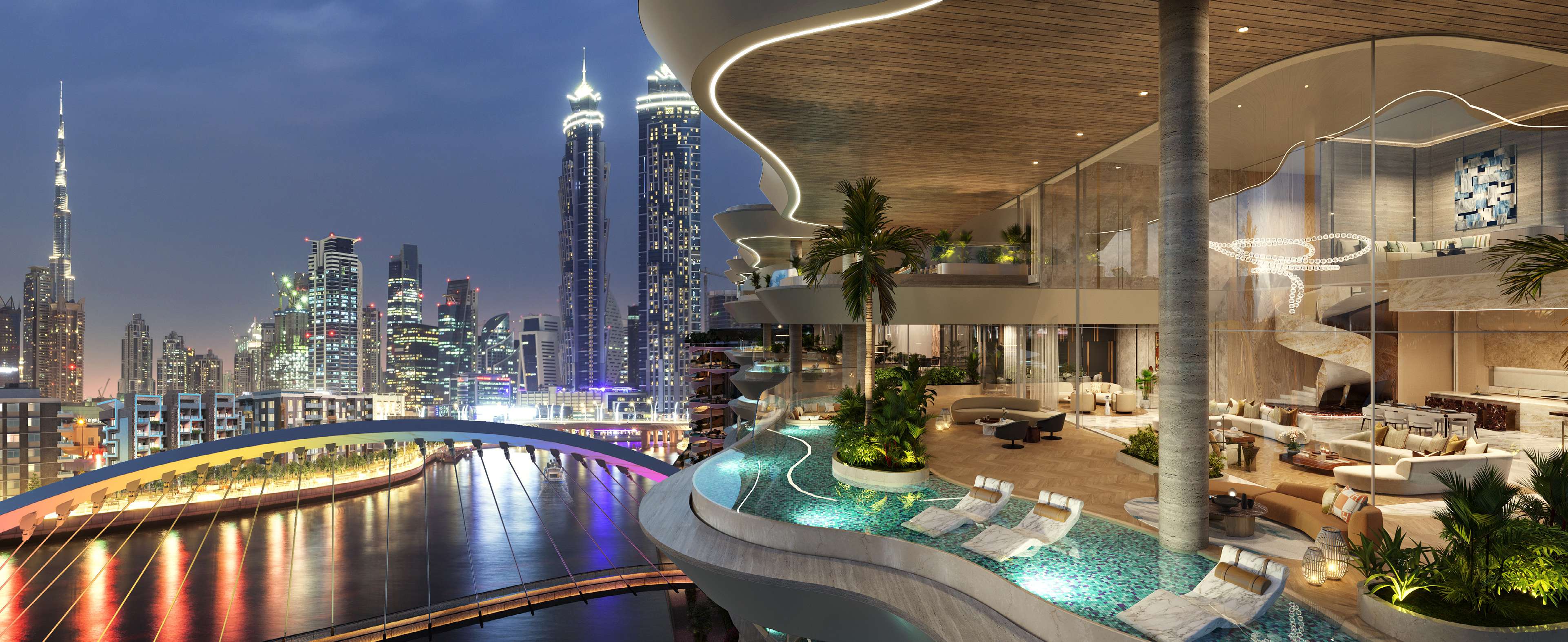 Evening terrace pool overlooking the lit canal bridge and Downtown towers